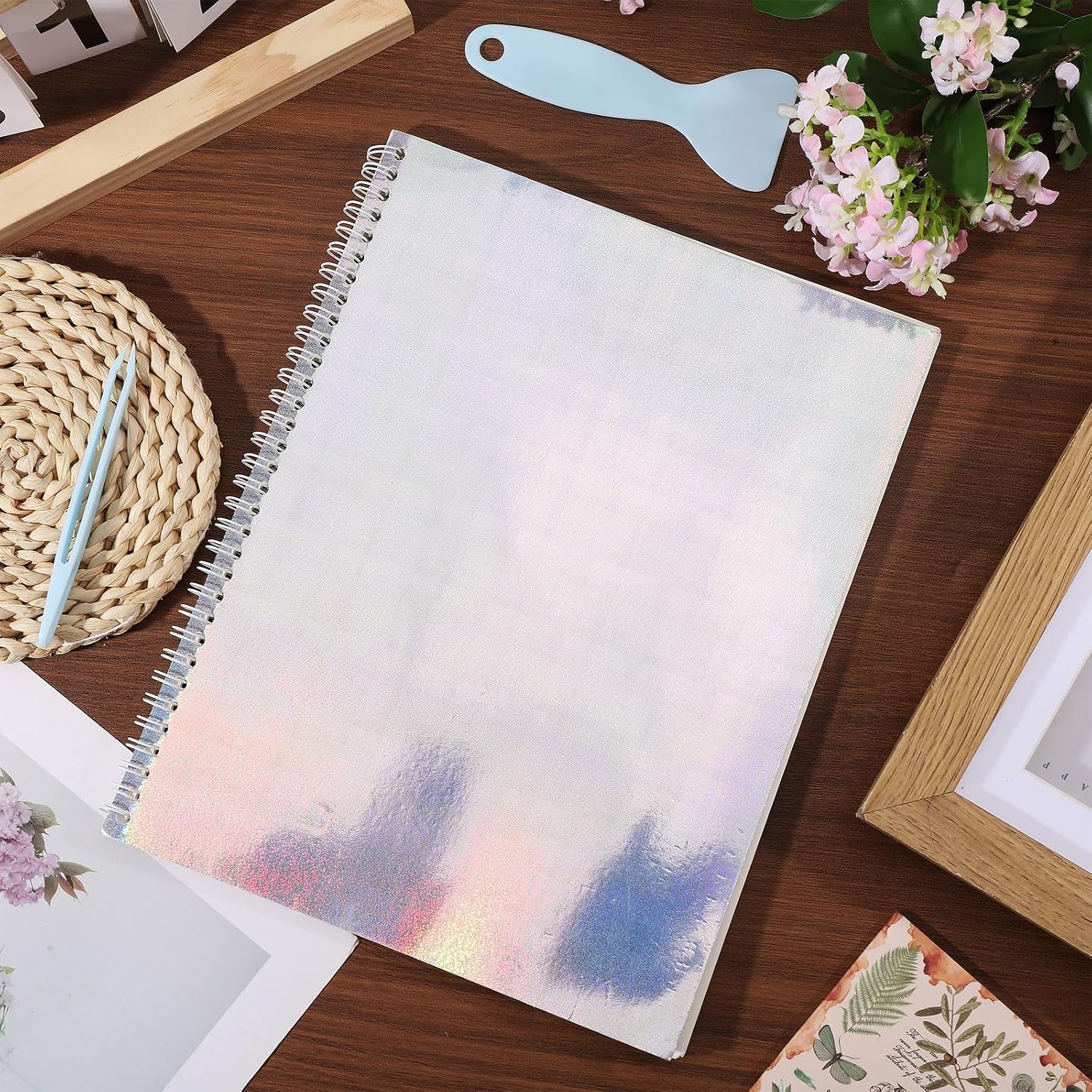 GLOBLELAND Large Reusable Sticker Book Collecting Album 8.8×11 Inch Dynamic Holographic Cover Stickers Collections Notebook with 50 Sheets Blank Release Paper for Adults with Tools