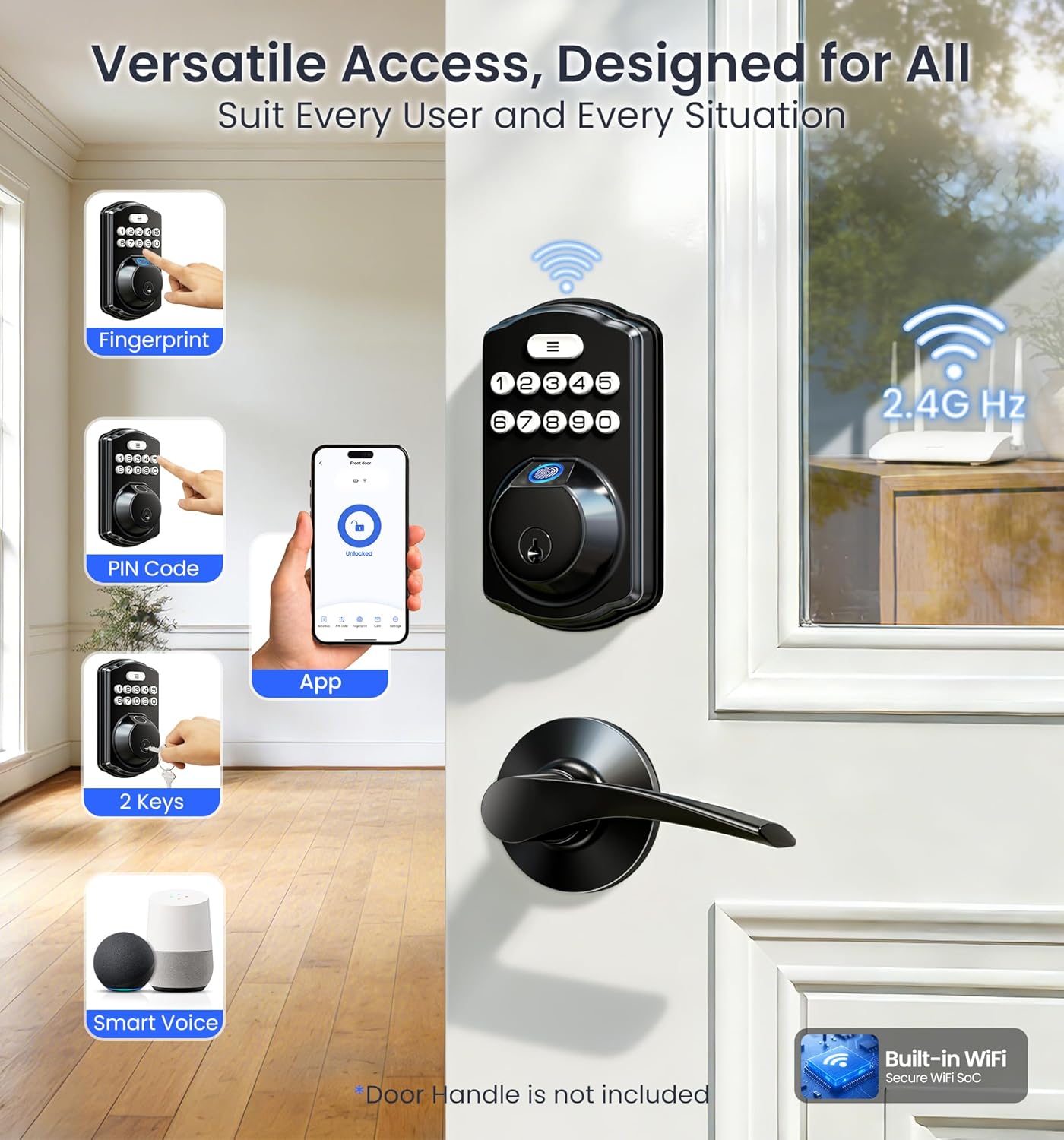 Veise VE012W Built-in WiFi Fingerprint Smart Lock, App Remote Control, Compatible with Alexa & Google Assistant, Keyless Entry for Front Door, Digital Keypad Deadbolt, Auto Lock, Matte Black