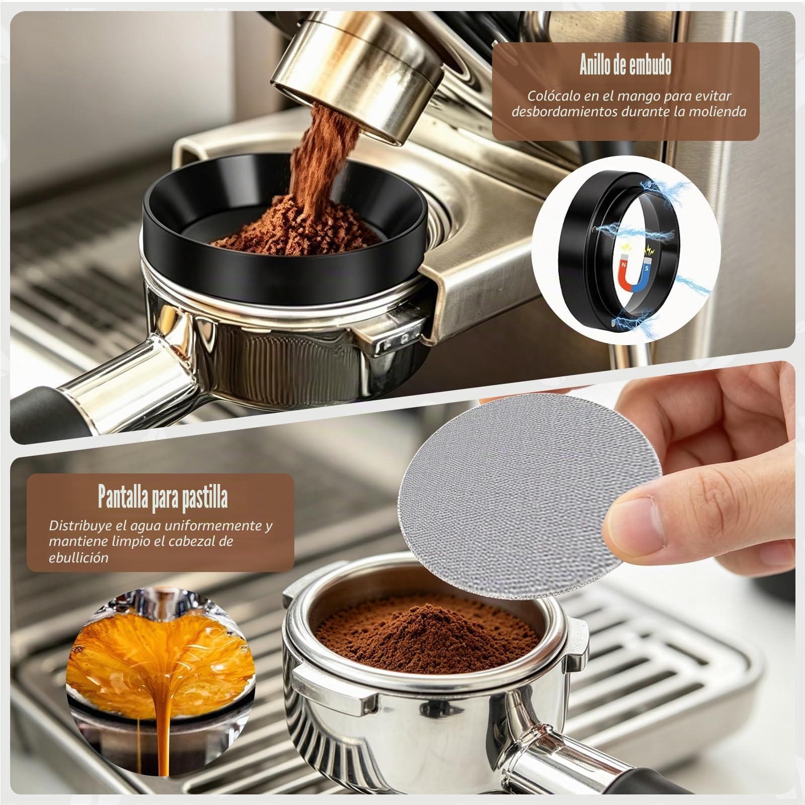 Set de Accesorios para Espresso de 8 Piezas, para Máquinas Espresso | Prensador 51mm con Estación de Prensado, Nivelador, Herramienta WDT, Anillo Dosificador, Cepillo, Filtro Puck Screen, Varilla
