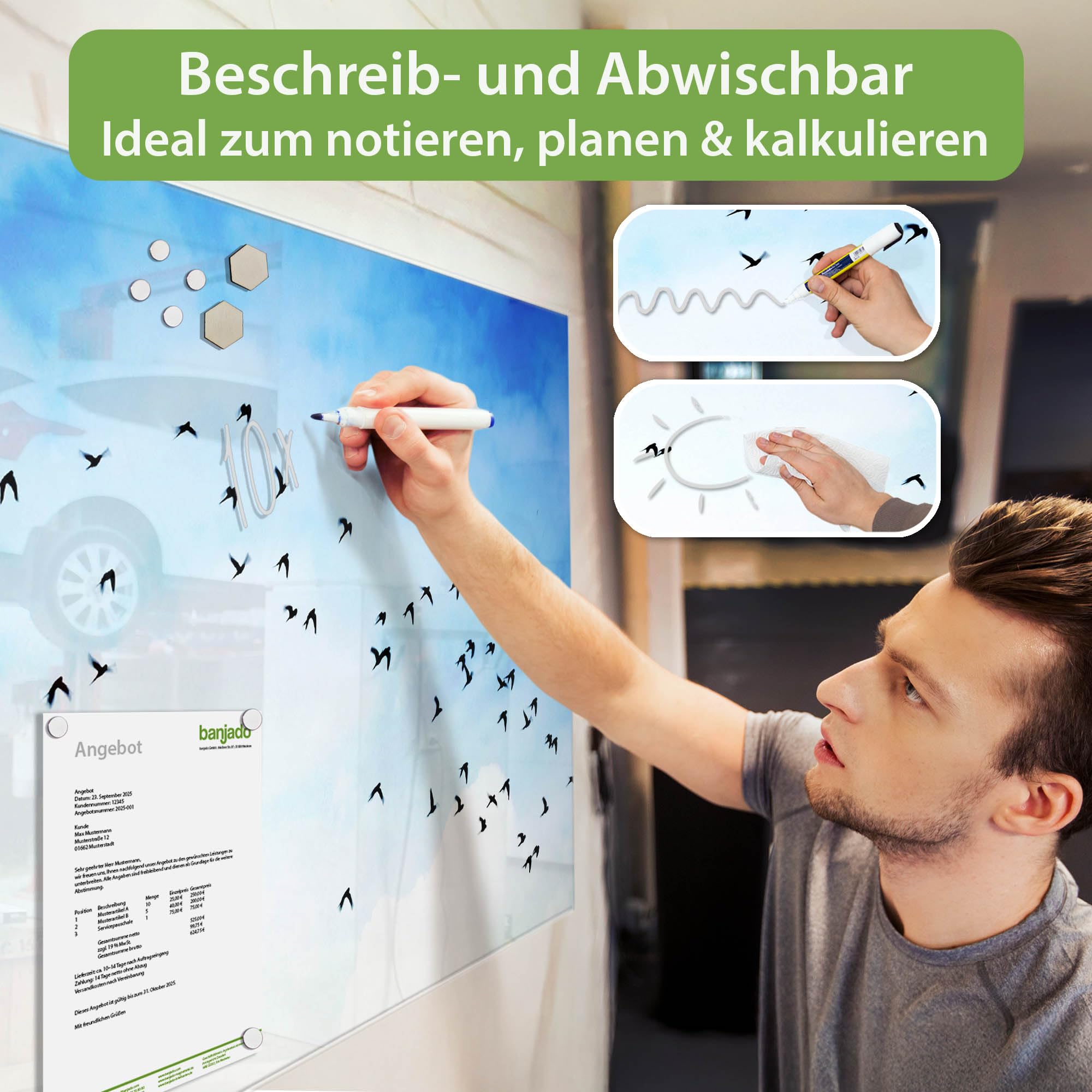 banjado Glas-Magnettafel in 120x80cm, beschreibbar mit Tiermotiv