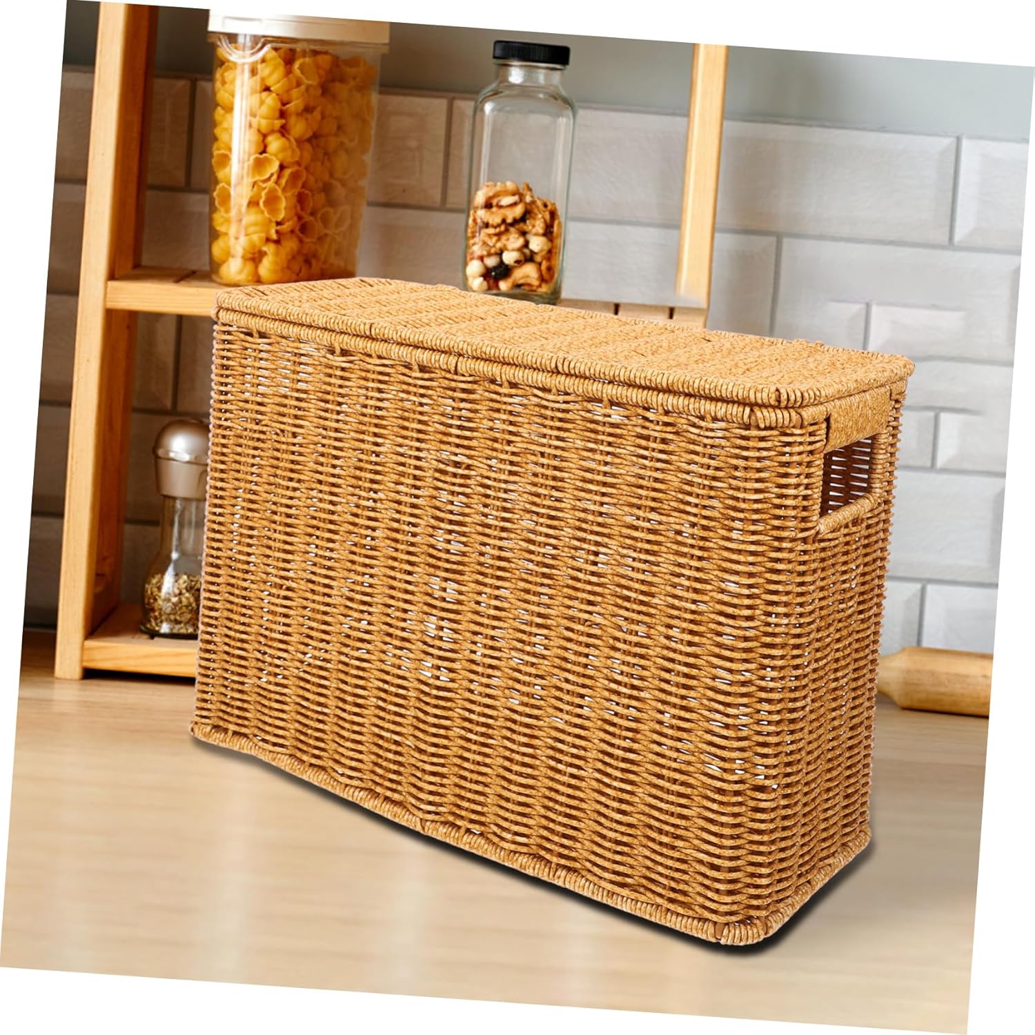 Crimp Storage Box Woven Sundries Basket Decorative Storage Container Lid Handle for Toys and Magazines