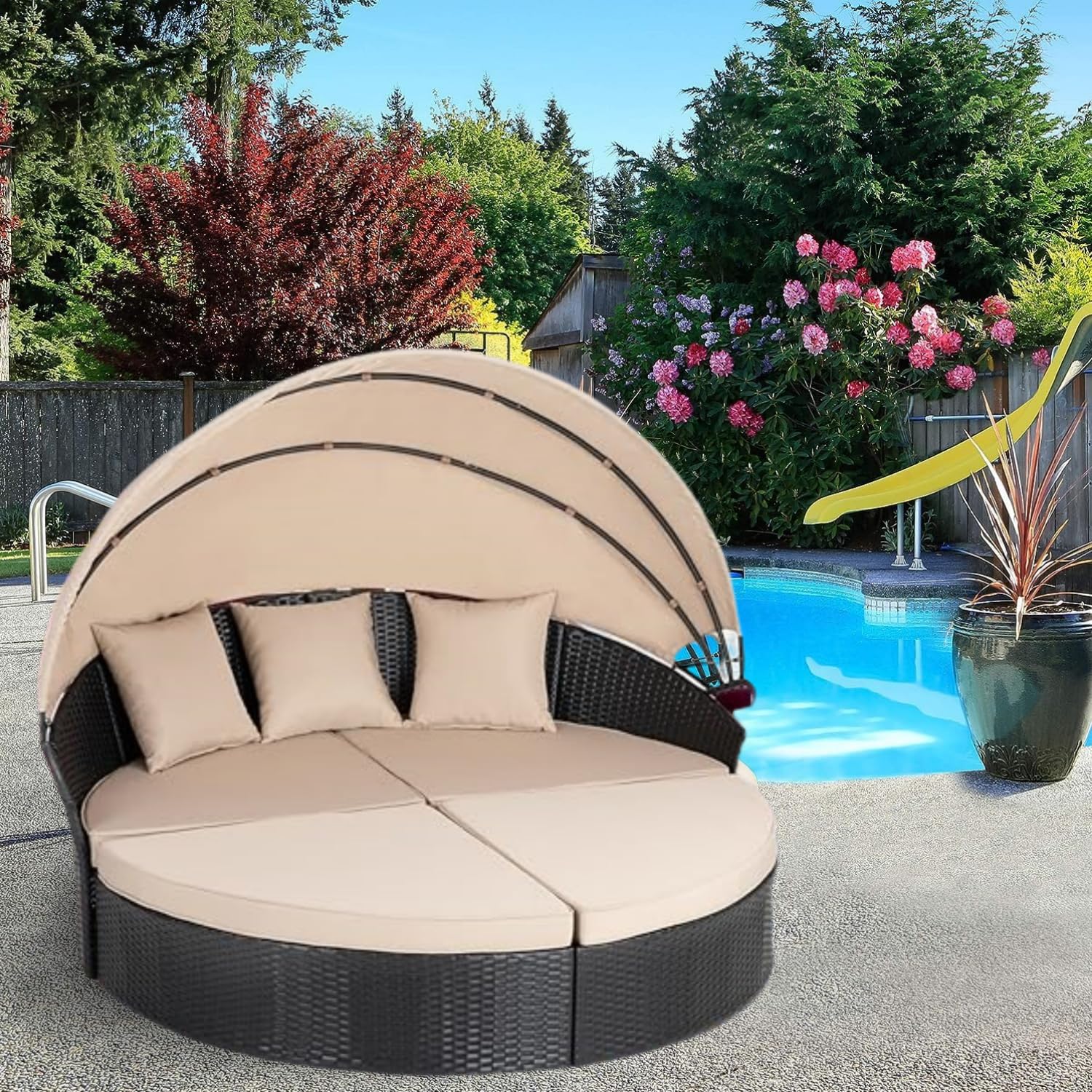 Cubierta de repuesto para sofá cama retráctil redonda de 66 pulgadas, para muebles de exterior, toldo de mimbre de ratán para patio, resistente a la decoloración (solo cubierta de toldo) 6