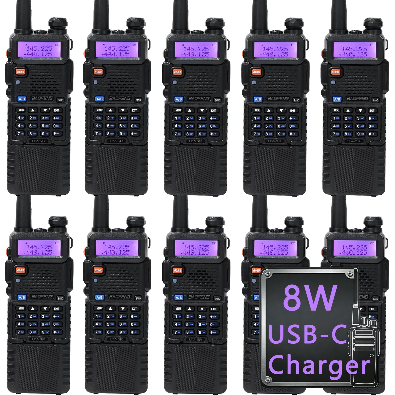 Baofeng UV-5R 8W Dual Band 2 Way Radio with 3800mAh Battery USB C Charging