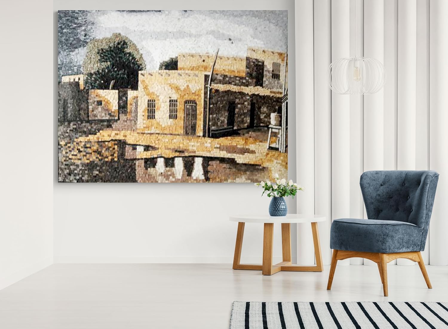 Handmade Desert Village Marble Mosaic Wall Art – Hand-Cut Natural Stone Landscape Mosaic Tile Wall Art for Interior Wall Décor