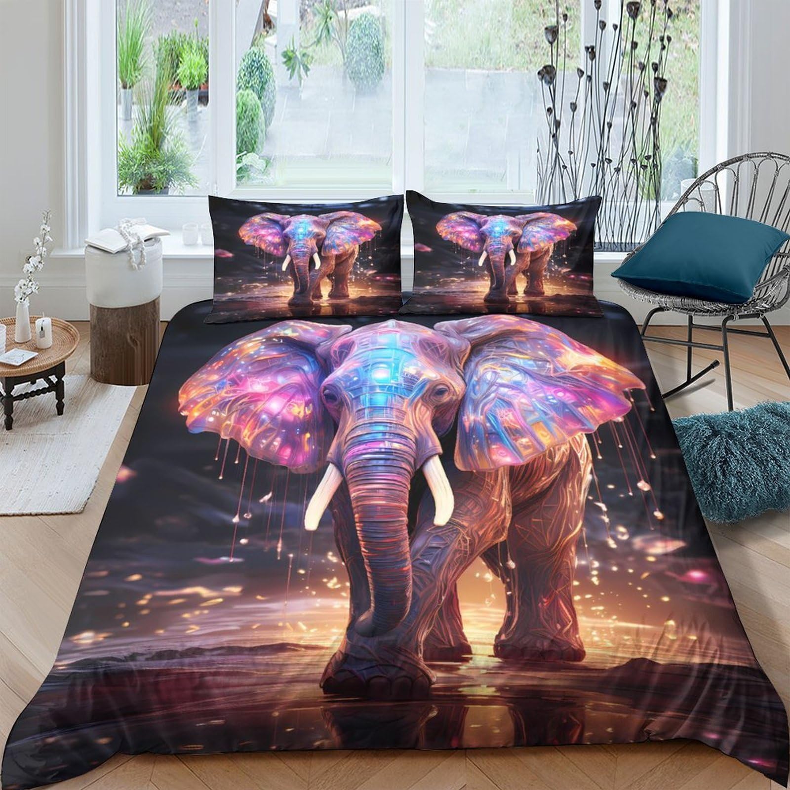 GPLZQXKJNH 3D Printed Colorful Elephant Duvet Cover Microfiber Soft Breathable Bedding Set with 2 Pillowcases for Bedroom Decor Single（135x200cm）