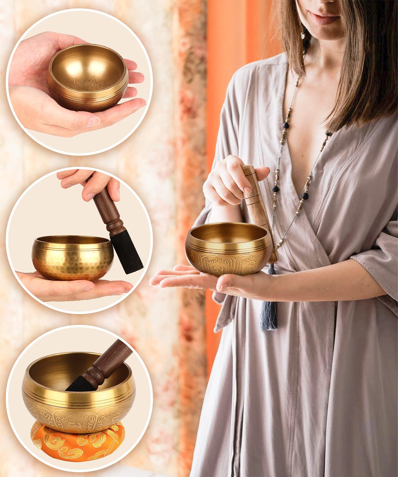 Tibetisches Klangschalen-Set – 100% handgehämmert in Nepal Klangschale für Meditation, Yoga, Chakra, Meditationszubehör, einzigartige Geschenke für Frauen, Männer (9.5 cm)