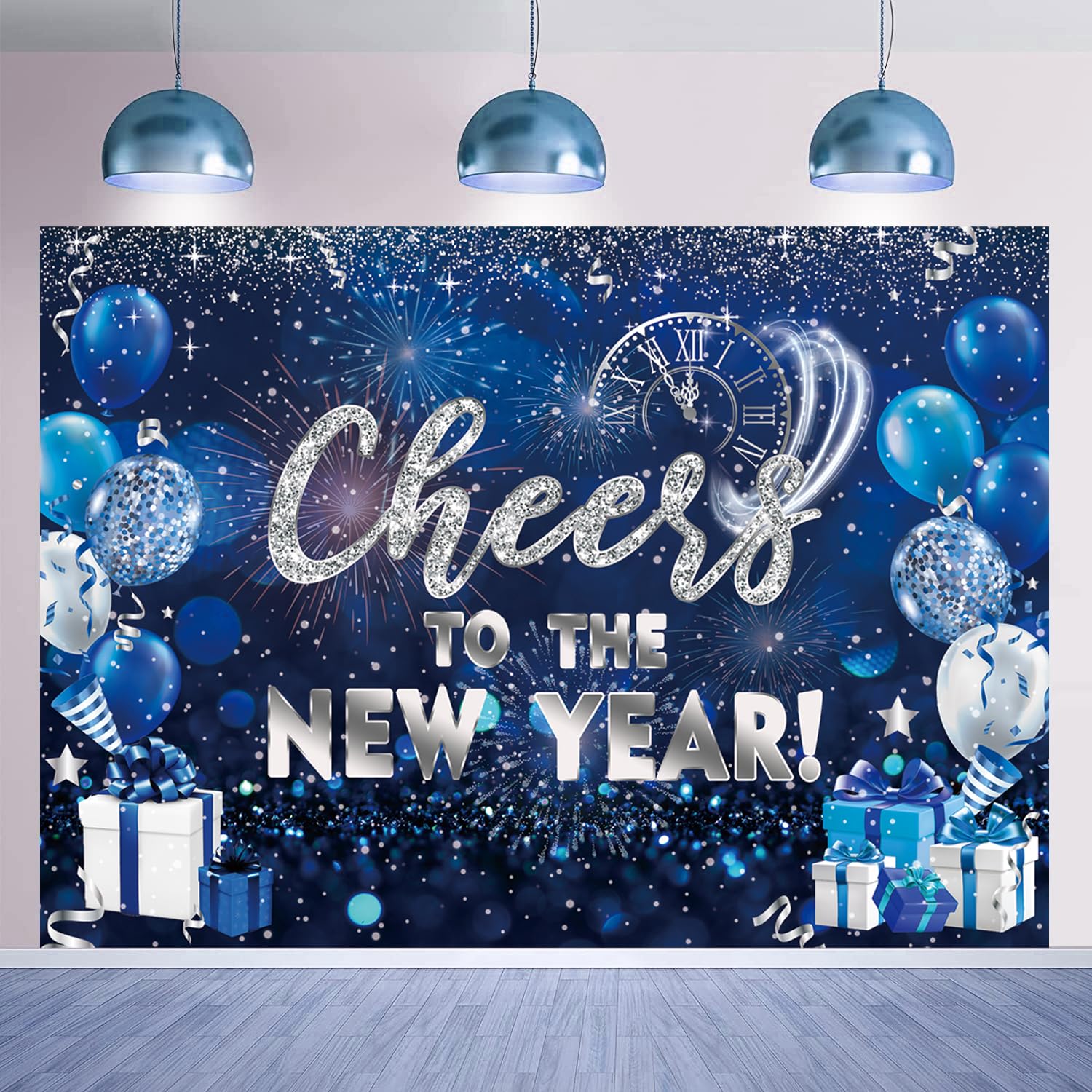 Toile de fond « Happy New Year » - 2,4 x 1,8 m - Décorations du Nouvel An 2025 - Bleu Cheers to The New Year - Bannière de fond pour Nye Decorations 2025 - Fournitures de fête du Nouvel An
