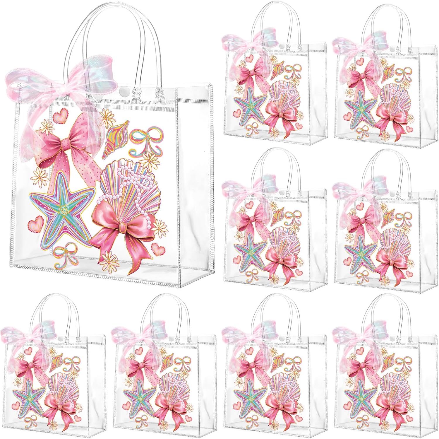 Motipuns 24 Pcs Beach Party Favor Pink Bow Seashell Clear PVC Gift Bags with Handles and Ribbon Reusable Plastic Starfish Seashell Goodie Candy Treat Bags for Summer Birthday Party Supplies