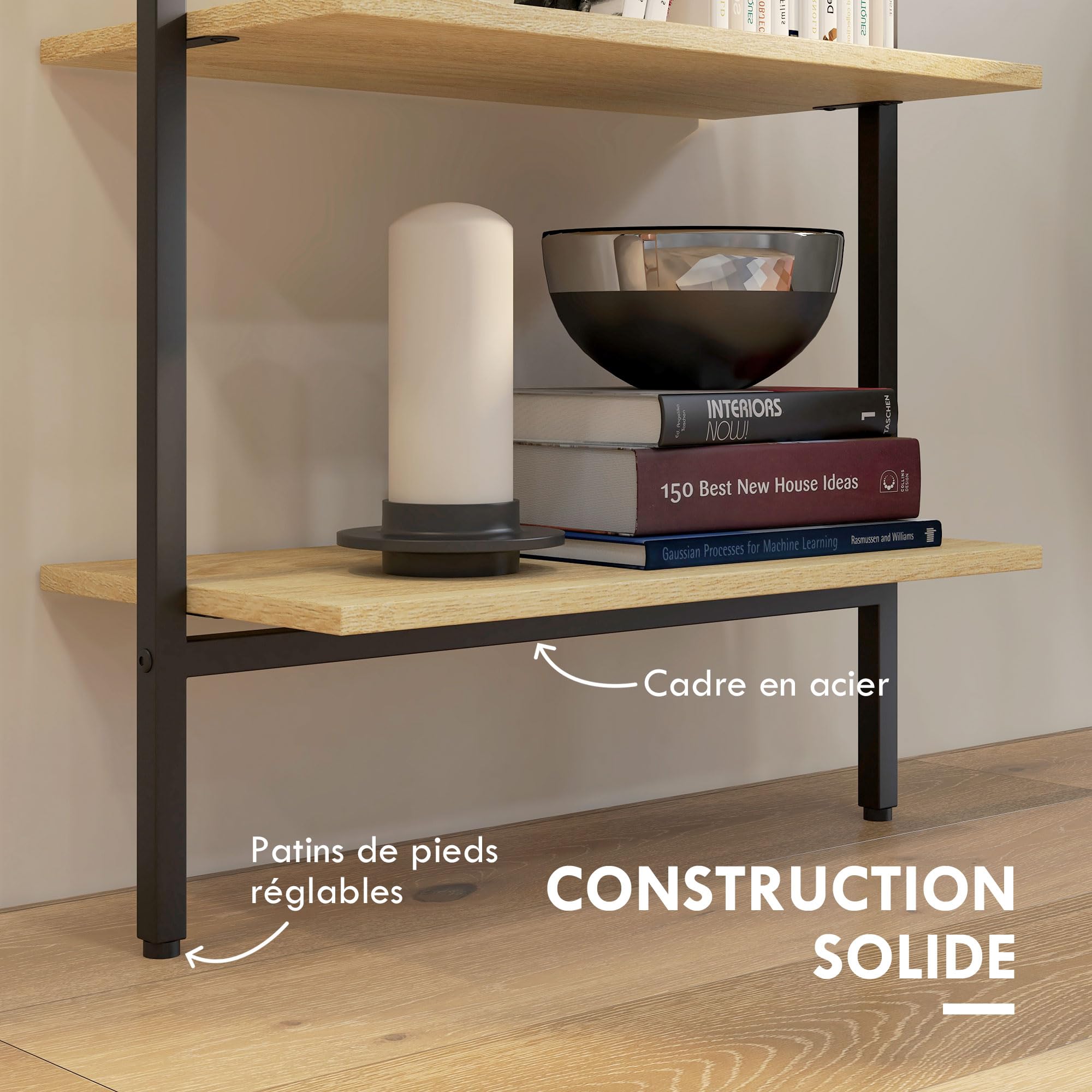HOMCOM Scaffale scala da parete libreria scaffale portaoggetti stile industriale 6 ripiani in acciaio nero effetto legno naturale - dim. 60L x 30L x 206H cm