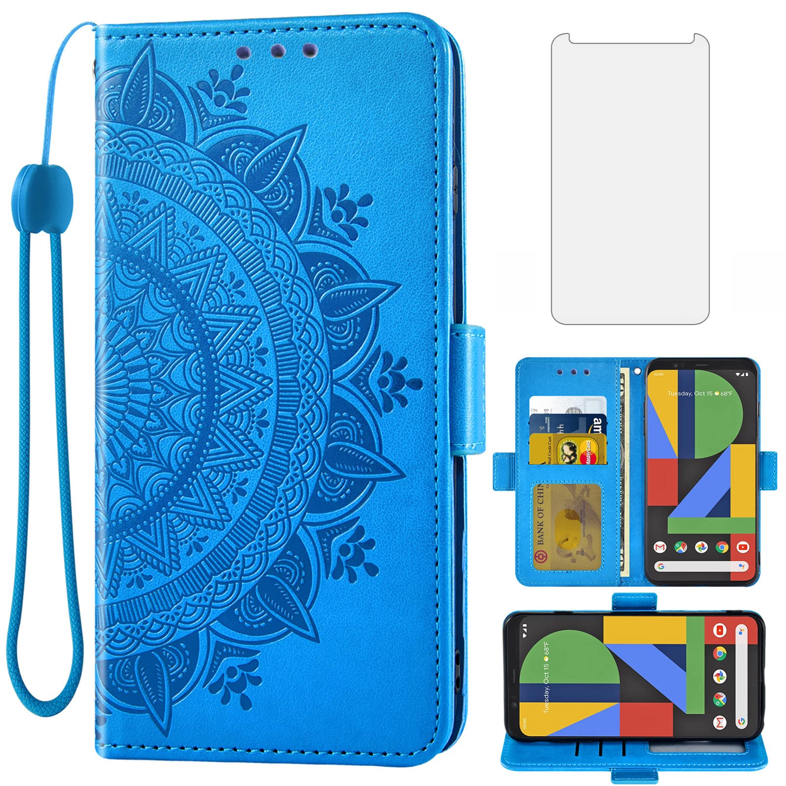 Étui portefeuille Google Pixel 4 XL Asuwish bleu avec protège-écran