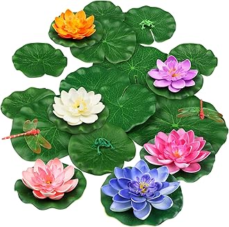 QUOZUO 22 Pack Artificial Floating Foam Lotus Flowers with Artificial Frog Lotus Leaves, Lily Pads for Lake, Pond Plants Ornaments for Pool Water Decoration, Colorful
