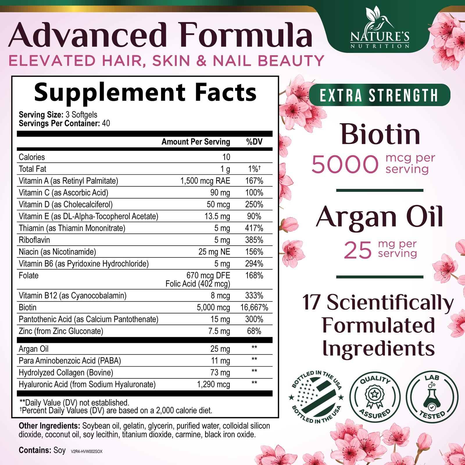 Hair Skin and Nails Vitamins for Hair Growth - Extra Strength Biotin 5000mcg, Collagen, Argan Oil & Hyaluronic Acid Multivitamin - Best Beauty Supplement for Women & Men - USA Bottled - 120 Softgels — Amazon image 2