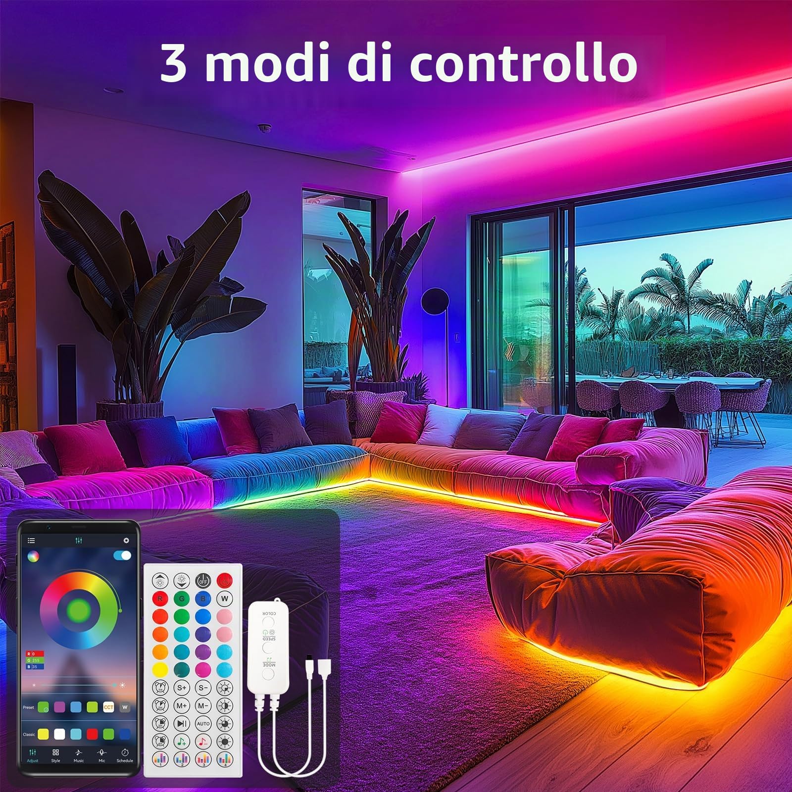 RGB+IC Neon Strisica LED 8M 24V, LED Strip Dimmerabile Flessibile Impermeabile IP65 con App Intelligente, Alimentatore, Telecomando, Striscia LED Silicone Decorazioni di Natale Halloween