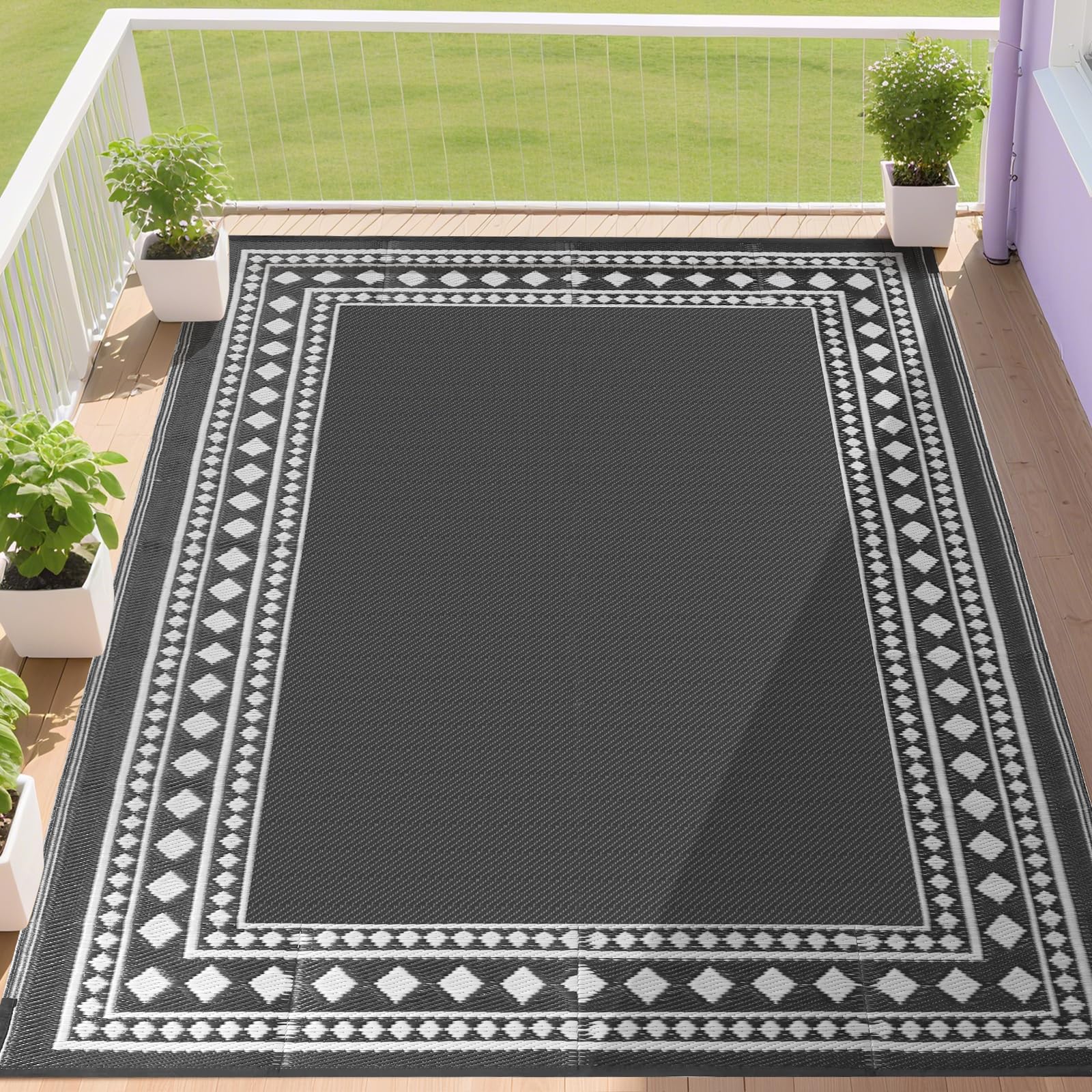 RURALITY Dywaniki zewnętrzne 20 x 25 cm, wodoodporne na patio, plastikowe maty słomkowe na podwórko, werandę, taras, balkon, szary i biały