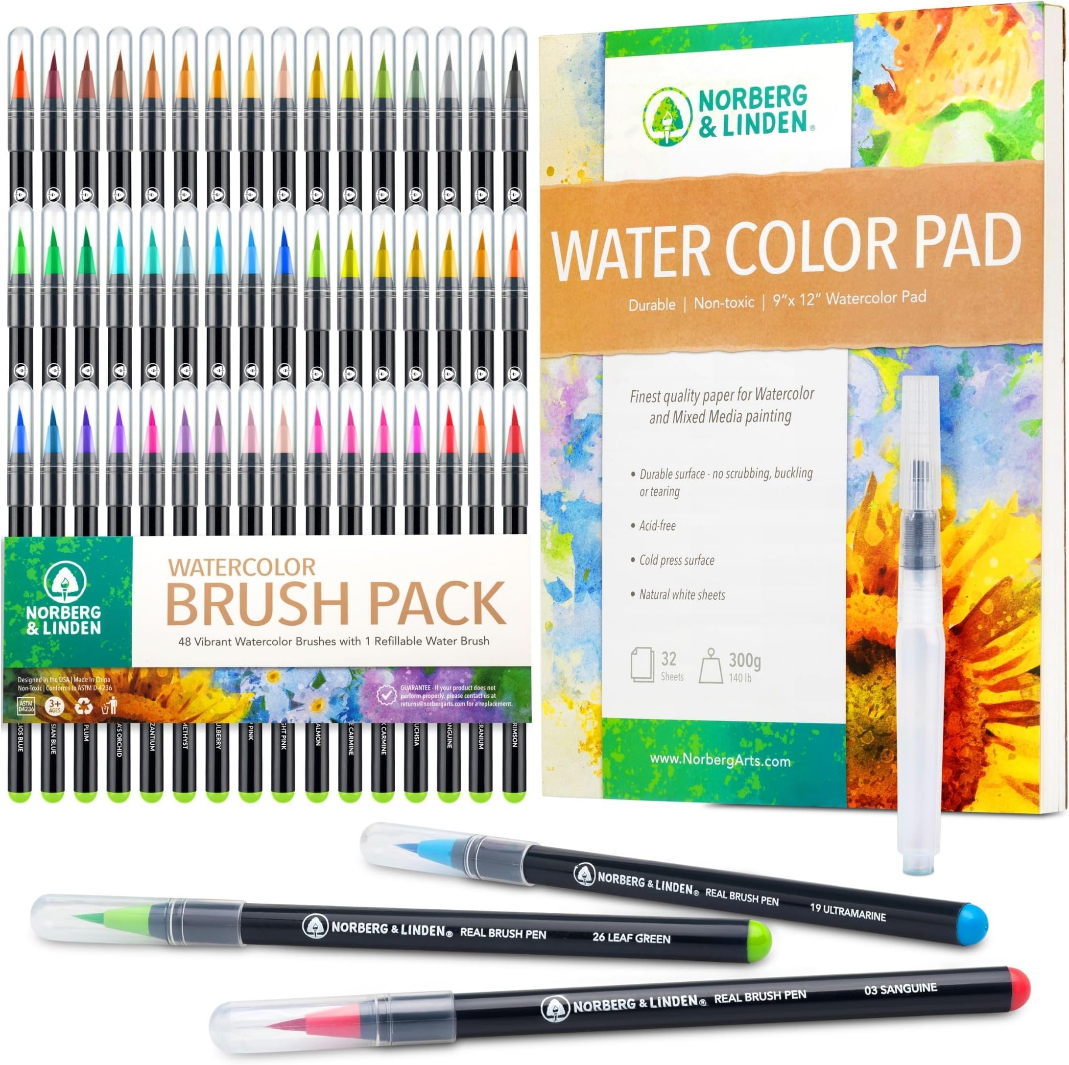 - Real Waterbrush Set - 48 Watercolor Paint Markers, 1 Refillable Water Brush, Painting Pad - Nylon Tips for Drawing & Calligraphy - Coloring Pens for Professional & Beginner Artists