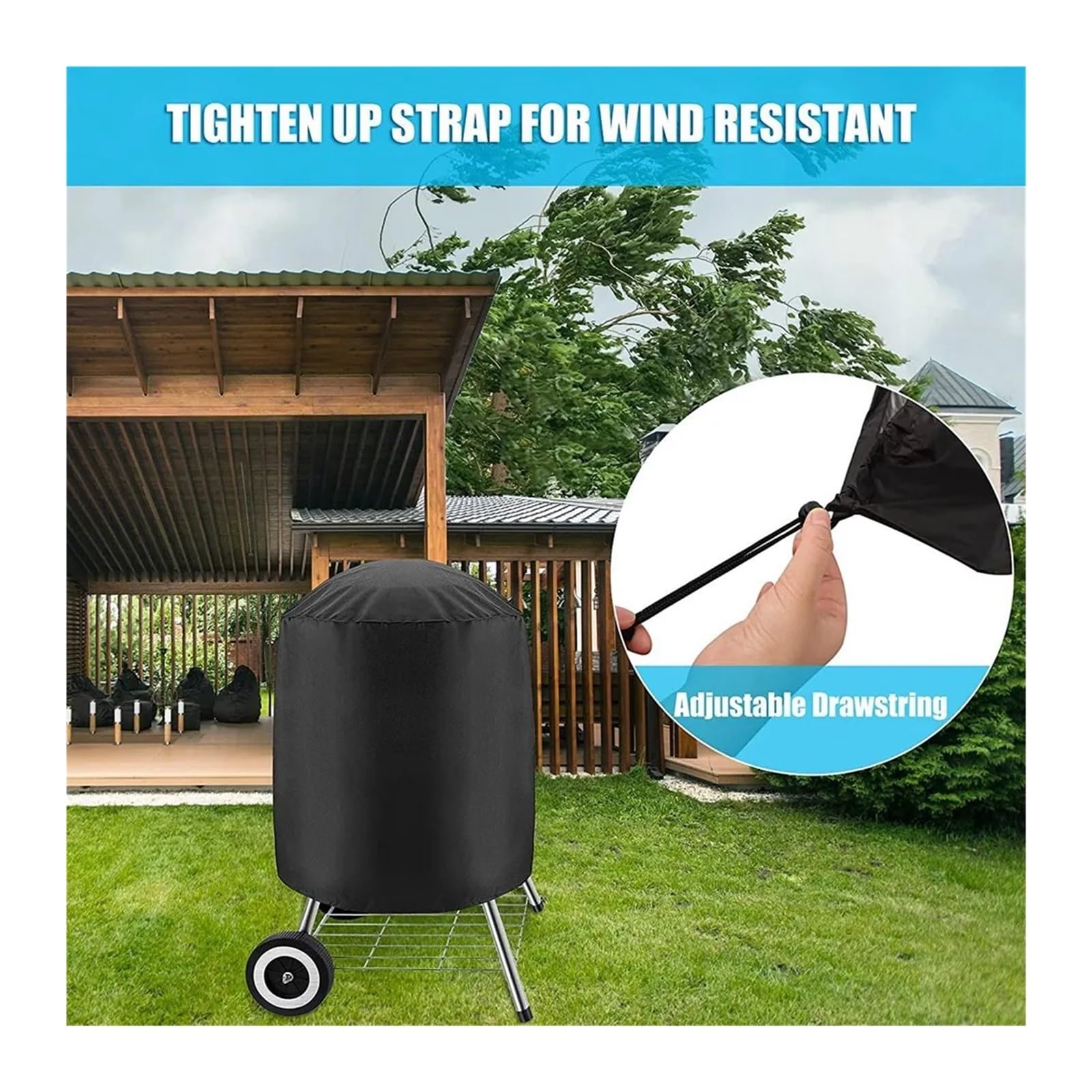 Copertura for barbecue in tessuto Oxford 210D | Copertura for barbecue da esterno rotonda nera 210D