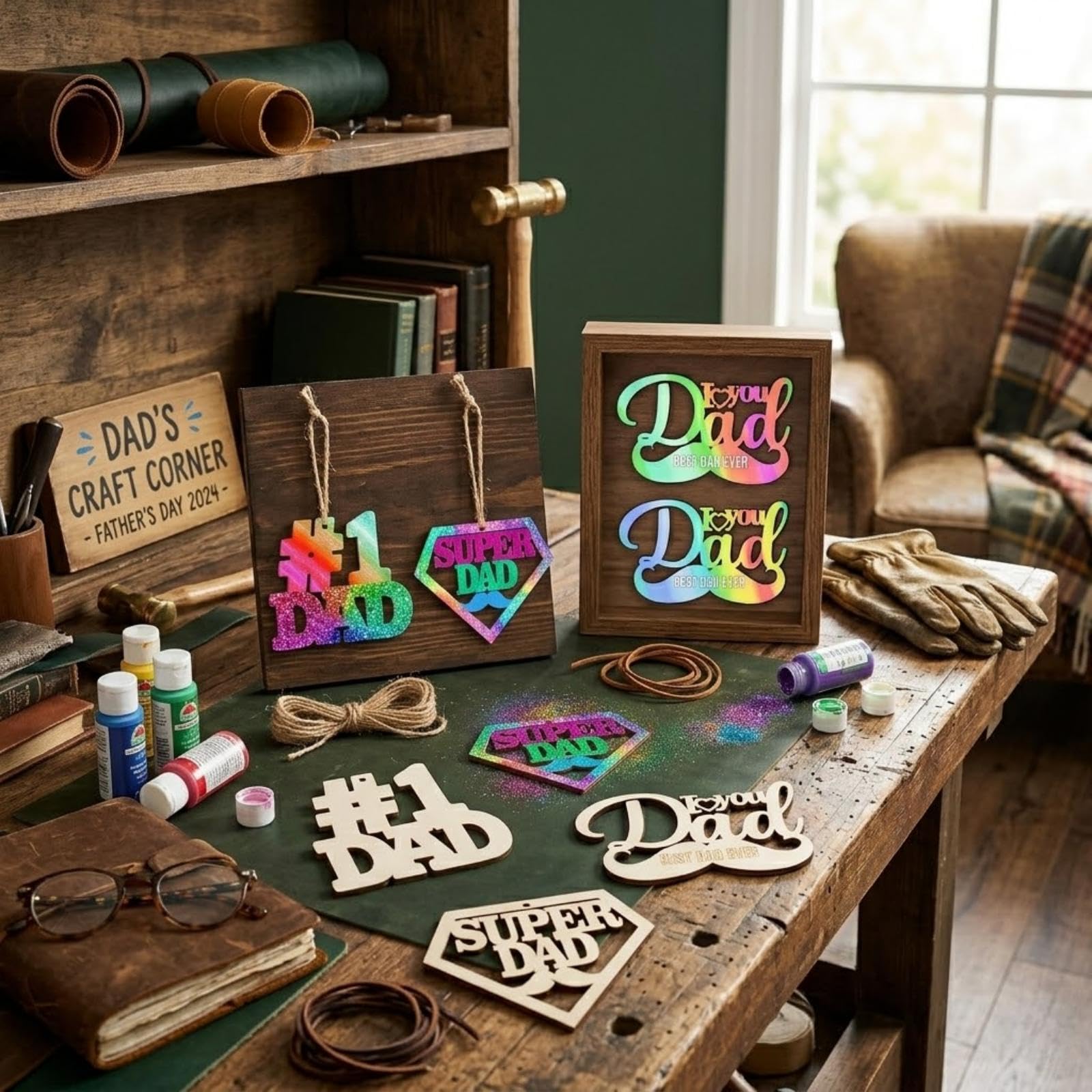 12 Pcs Happy Fathers Day Crafts for Kids- Father's Day Unfinished Wooden Crafts,Wooden Dad Ornaments Hanging Party Decorations,DIY Activities School Home Classroom for Father's Day Crafts Gift - Image 6