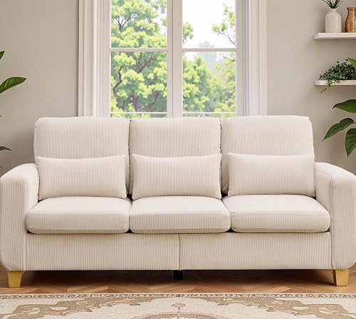 Canapé 188 cm velours côtelé crème, 3 places Ebello