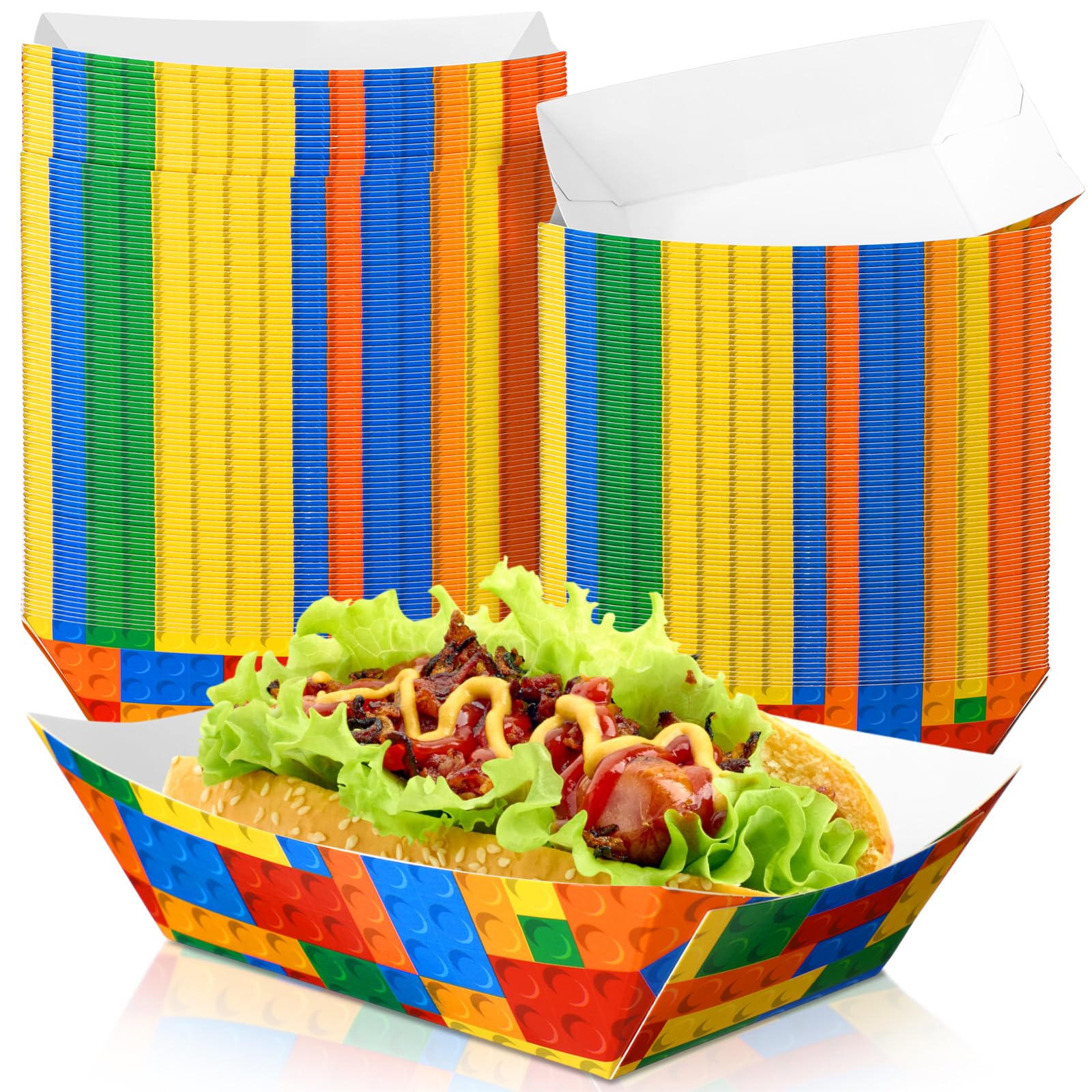 Honeydak 100 Pcs 2lb Building Block Party Supplies Colorful Brick Themed Paper Food Trays Disposable Serving Tray Festival Birthday Class Party