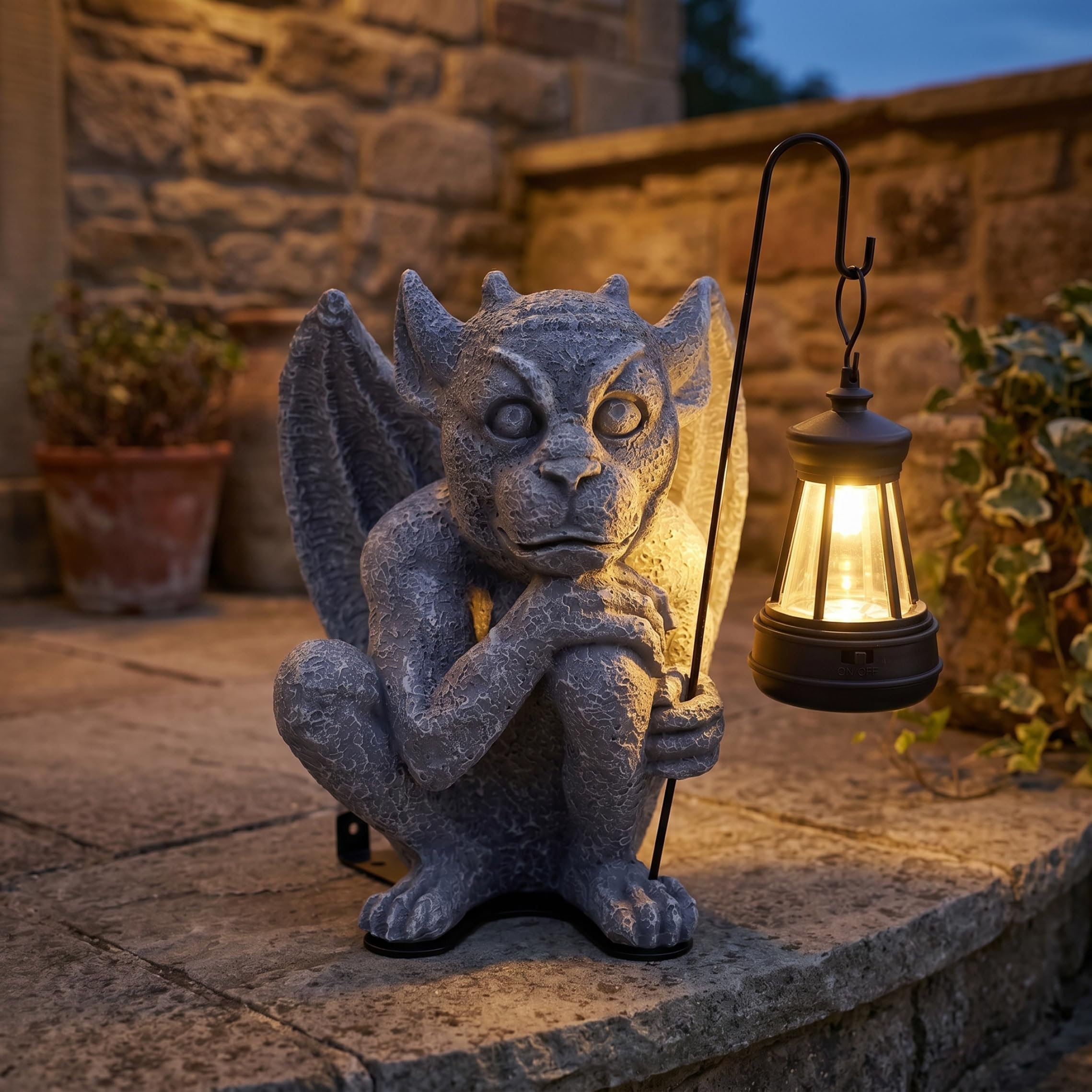Statue da giardino solari, statue di gargoyle da esterno con LED bianco caldo, decorazioni di Halloween in resina per patio da giardino