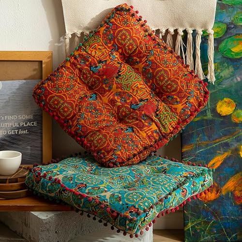 Miniatura 2 de vctops Cojines de asiento cuadrados de lino y algodón bohemio para sillas de comedor, cocina, oficina, súper suaves, con flecos de pompón (azul, 16