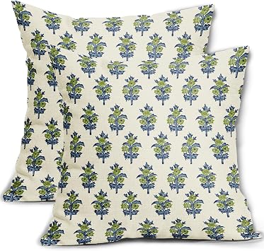 Lime Green Blue Floral Block Print Pillow Covers 18x18 Set of 2 Spring Flower Pattern Decorative Throw Pillowcases Outdoor Rustic Farmhouse Square Cushion Cases Decor for Home Couch Sofa Bed