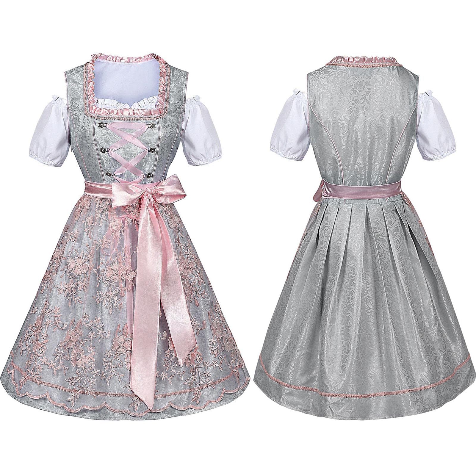 Oktoberfest Damen Outfit Dirndl Bluse Und Dirndlschürze Dirndl Kleid 3 Teilig Jacquard Eckigem Ausschnitt Elegant Trachtenkleid Oktoberfest Outfit Blumenmuster Schulterfrei Trachtenrock