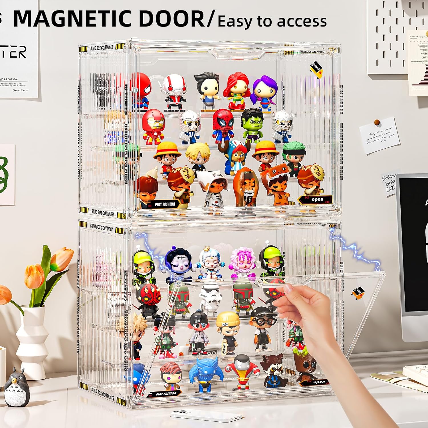 JOYZAN Acrylic Display Cases for Collectibles 4 Packs 4 Layer Adjustable Clear Figure Display Case with Magnetic Door Stackable Collectible Display Box with 3 Movable Plates Blind Box Case - Large