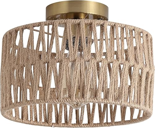 Miniatura 7 de Hchunqjor Lámpara de techo tejida en oro antiguo costero, estilo rústico, bohemio, cuerda de cáñamo, latón, semiempotrada, para pasillo, dormitorio,