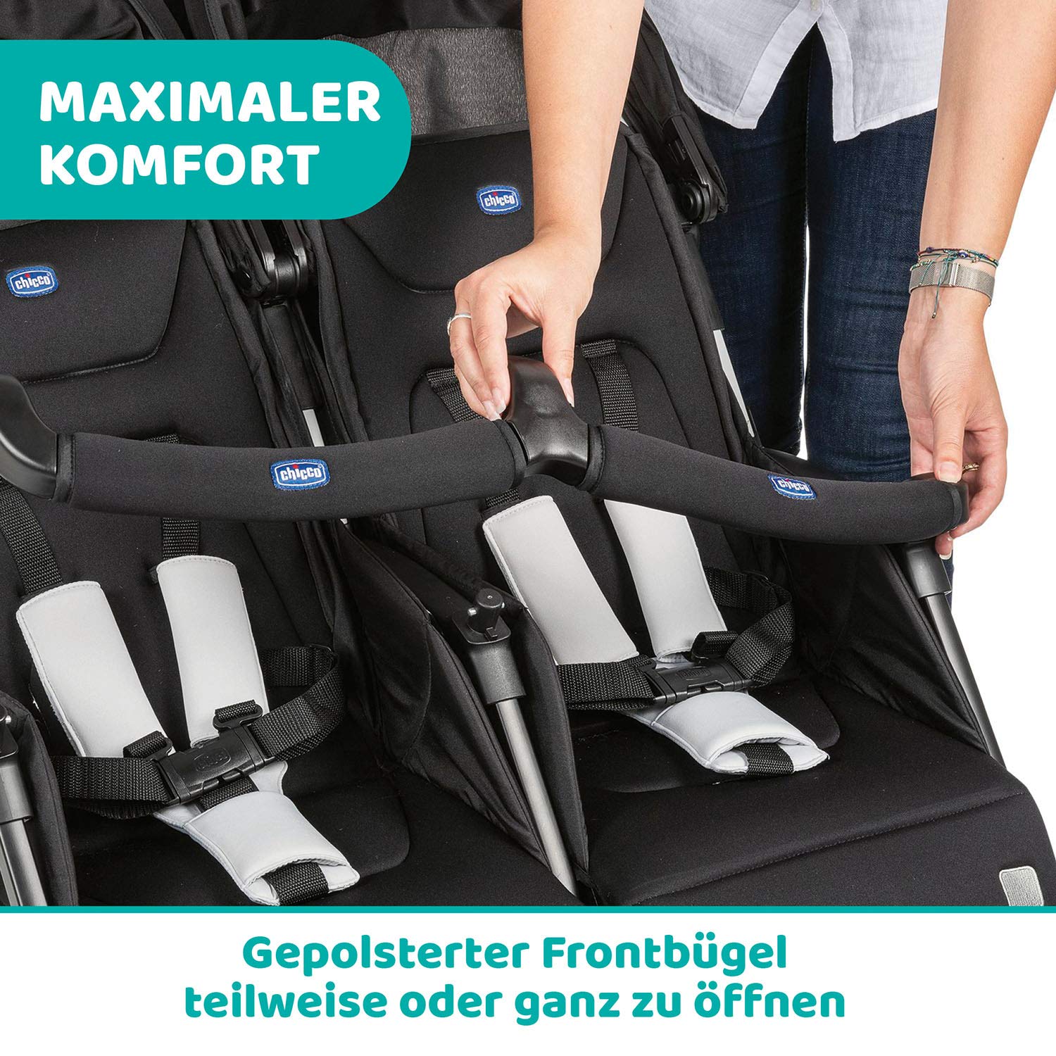 Chicco OHlalà Twin Geschwisterwagen bis 15 kg, Zwillingsbuggy faltbar verstellbar mit Regenschutz und Verdeck