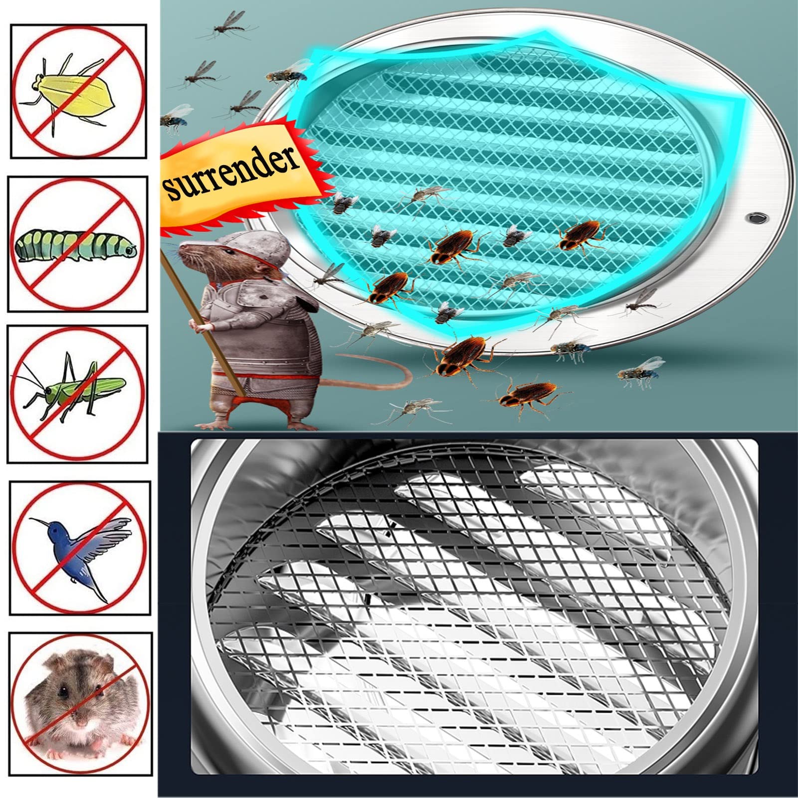 Grille Ventilation Hotte Mural Bouches D'aération Avec Maille De Protection, Calibre 180/200/250/300mm Argent Grille De Ventilation En Acier Inoxydable, Pour Bureau Salle De Bain ( Color : Silver , Si
