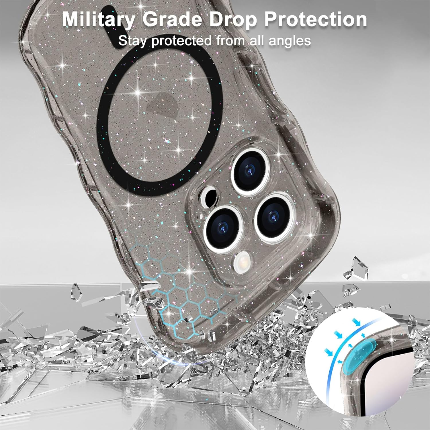 Magnetic for iPhone 14 Pro Max Case Clear, Sparkly Bling Glitter Cute Curly Wavy Cover for Women Men Compatible with MagSafe TPU Shockproof Protective Phone Case for iPhone 14 Pro Max, Black - Image 4