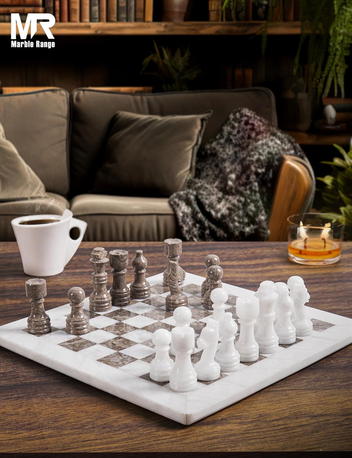 Marble Chess Set for Adults 12" Handmade White & Oceanic Board Game with 32 Chess Pieces, 2 Extra Queens & Storage Box, Luxury Travel Game, Elegant for Home Decor