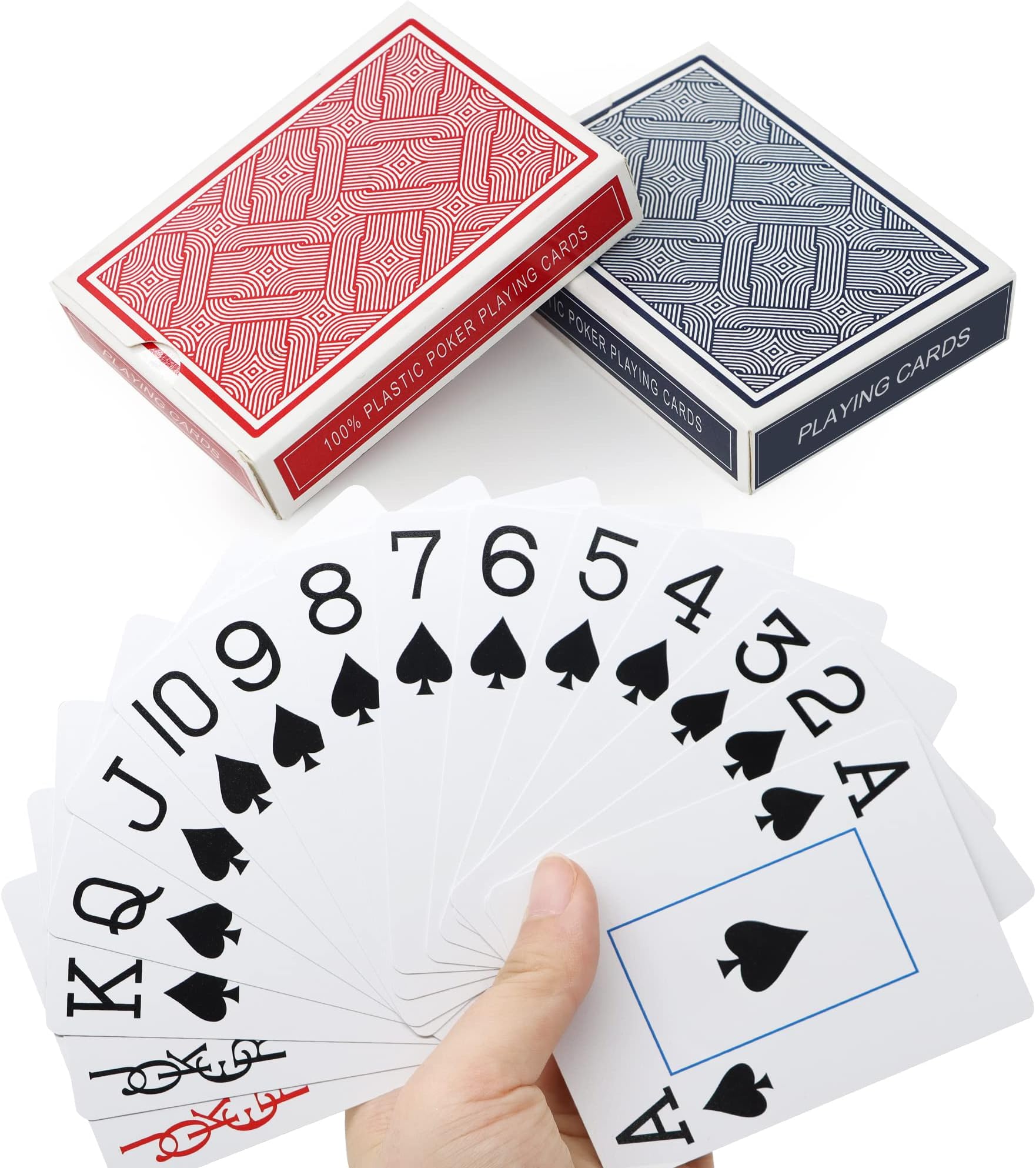 Neasyth Waterproof Plastic Playing Cards,large print playing cards,Jumbo Index, for Texas Hold'em, Blackjack, Pinochle, Euchre, for Pool Beach Water Games(1 PCS Blue+1 PCS RED)