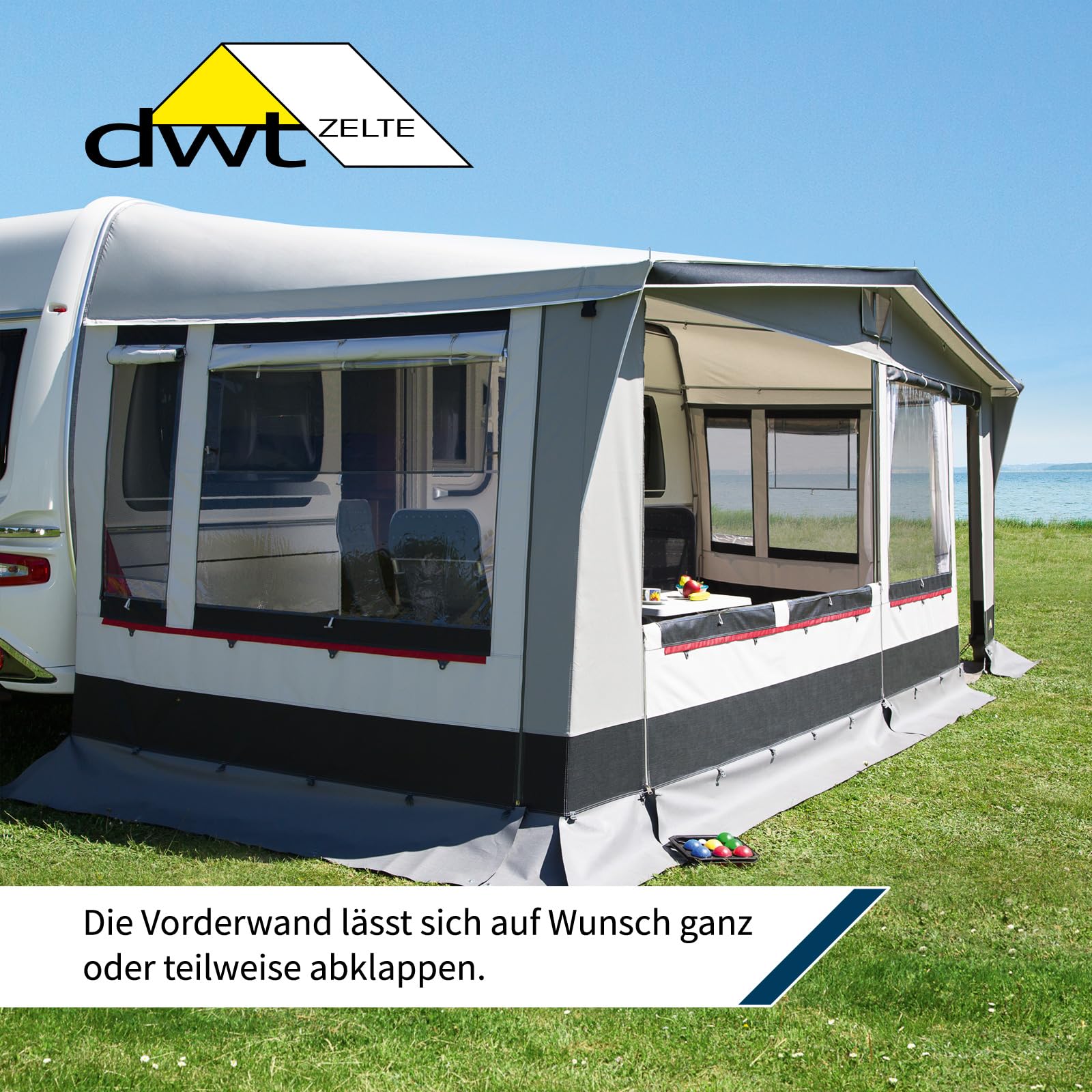 DWT Wohnwagen Vorzelt Paradies III mit 280 cm Tiefe, wetterfestes Polyestergewebe, UV-Schutz, Ganzjahreszelt mit 2-teiliger Vorderwand, Größe:Gr. 14 Umlaufmaß 941-970 cm