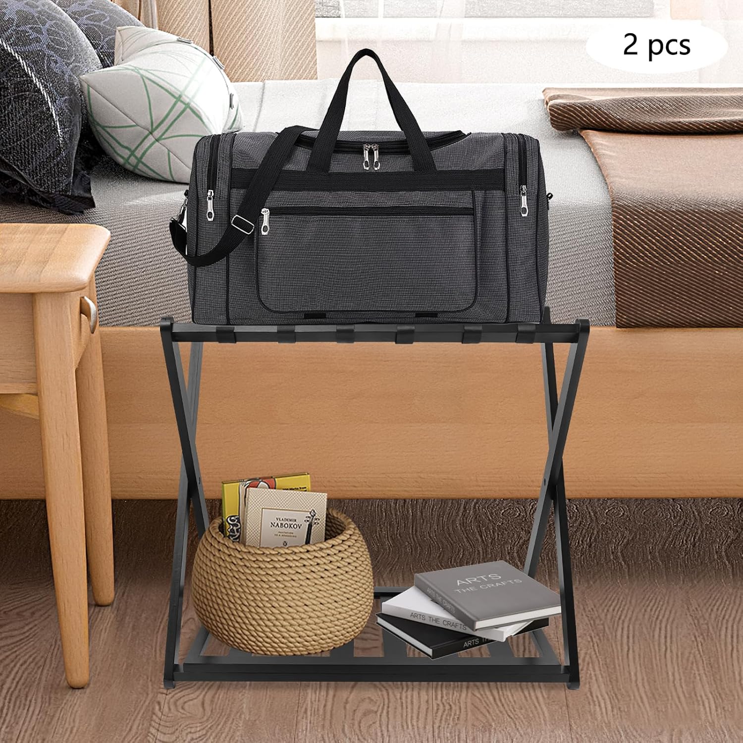 2pcs Bamboo Folding Luggage Rack For Guest Rooms, With Storage Shelves, Capable Of Bearing 35-40Kg, For Use In Bedrooms And Hotels