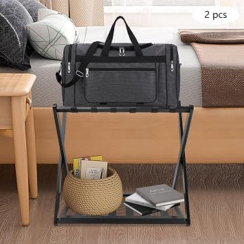 Bamboo Luggage Rack, 2 Pcs Folding Luggage Rack Suitcase Stand with Storage Shelf Heavy Duty Luggage Stand Holder for Guest Room Bedroom Hotel (Black)