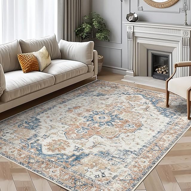 TOPICK Area Rug 270x365cm Machine Washable Indoor Extra Large Rug Orange Multi Print Vintage Rug Thin Foldable Lightweight Non Slip Carpet Kitchen Living Room Bedroom Dining Room Hall