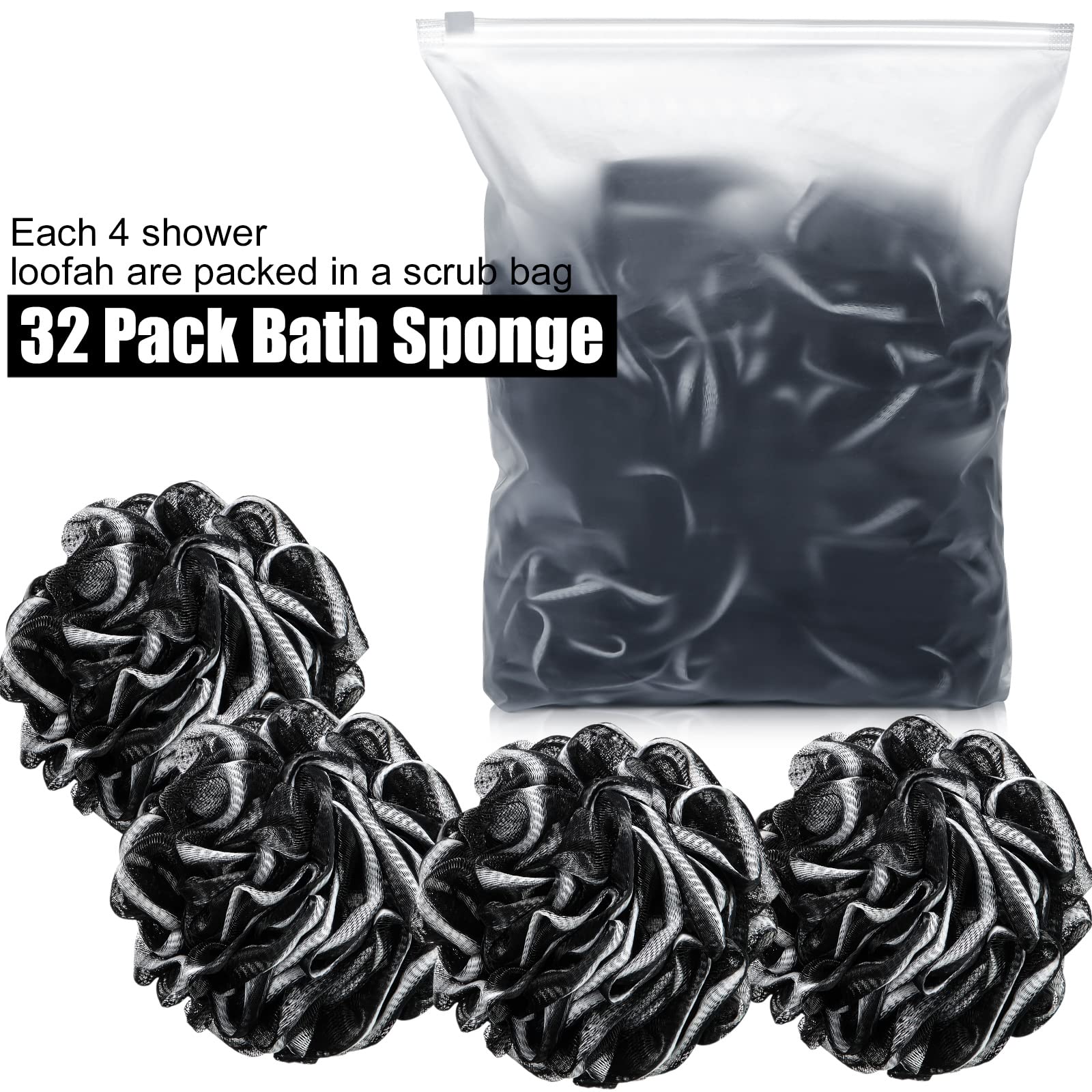 32 esponjas de baño para ducha a granel de 60 g, esponja de ducha corporal de carbón de bambú, esponja de malla grande, esponja suave para hombres y mujeres, bolas exfoliantes para puf de ducha con