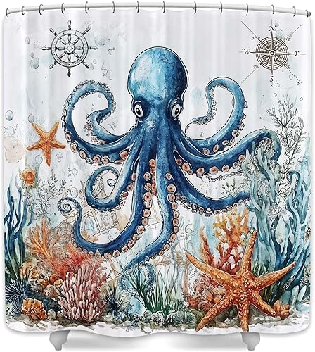 Miniatura 20 de JAWO Cortina de ducha con temática de playa con estrellas de mar, conchas tropicales, conchas de mar, escena costera hawaiana, vista al mar, sin