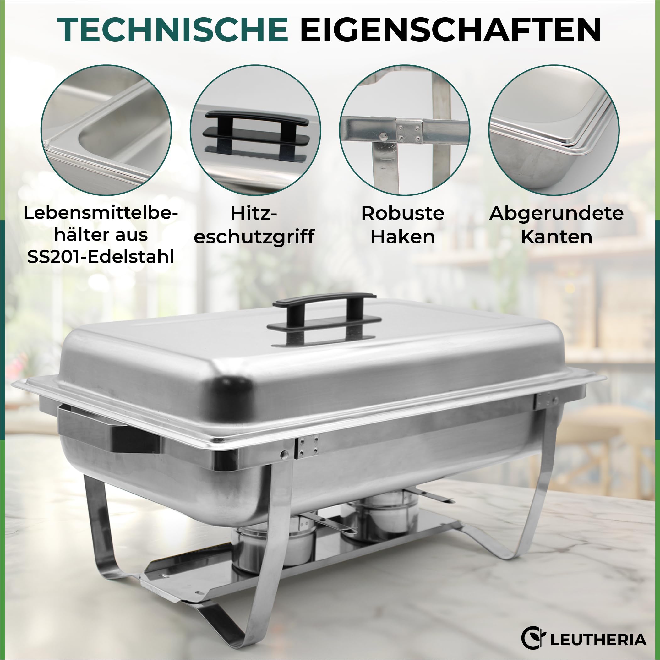 Set mit 4 Speisenwärmern LEUTHERIA - Chafing Dish aus lebensmittelechtem Edelstahl für Buffet/Professionelles Wasserbad/Warmhaltebehälter/Catering/Hotel/Restaurant - Edelstahl SS201