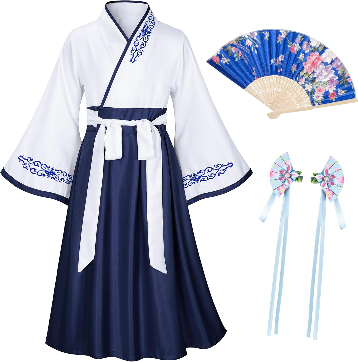 Asian Traditional Dress Kimono Robe for Kids Girls Costume Silk Folding Fans hairstick Cosplay