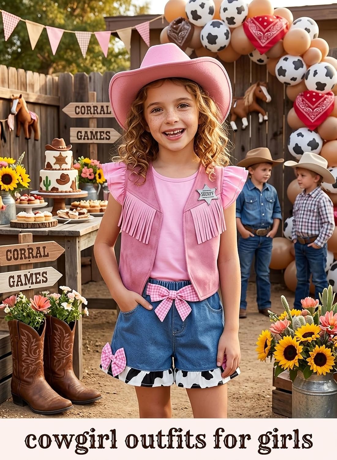 Western Toddler Cowgirl Outfit - Pink Fringe Vest Ruffle Sleeve Top Denim Shorts Gingham Bow Rodeo Set