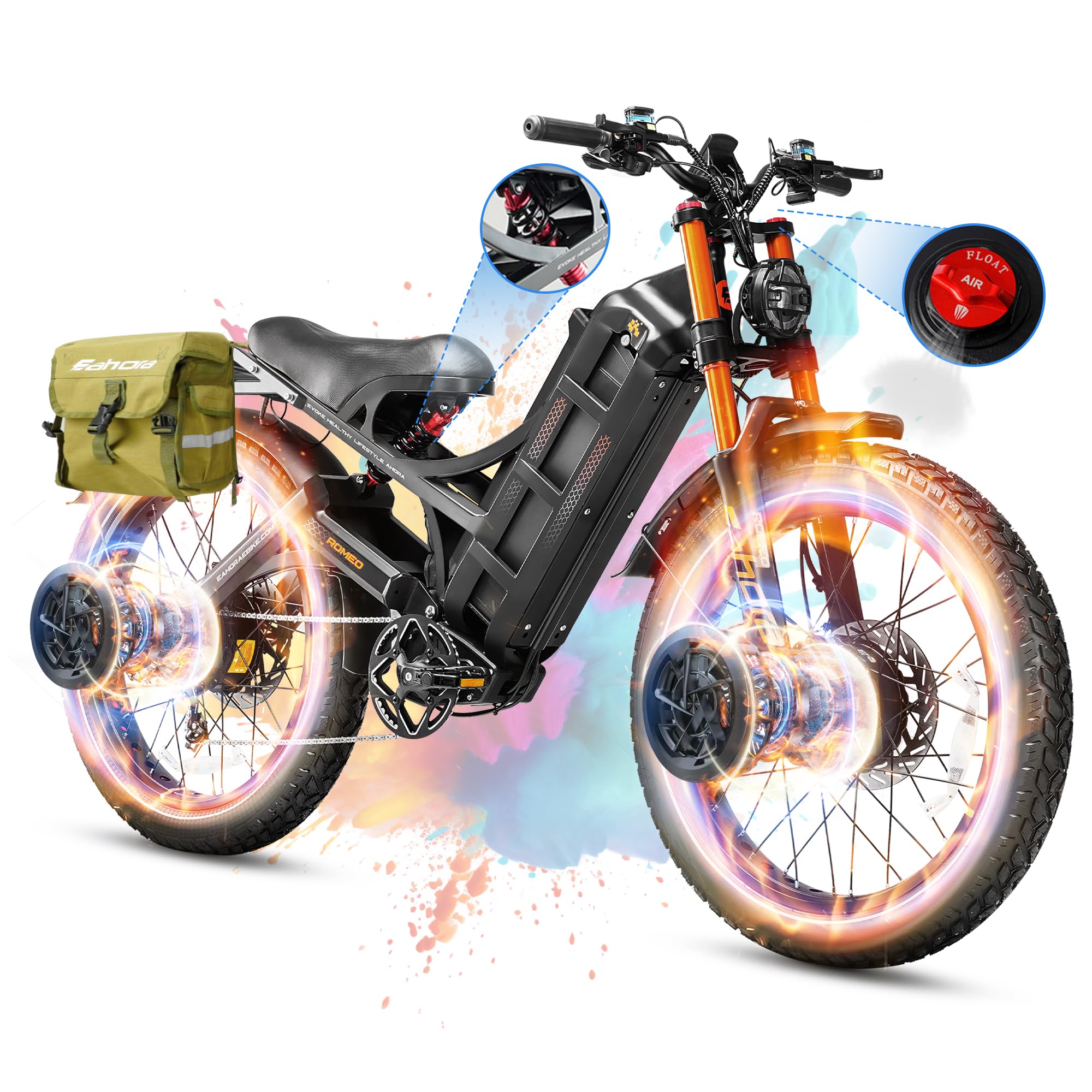 eAhora2025 Launch Romeo Pro 3/Pro 2 5600W/4000W 50Mph/46Mph Dual Motor Electric Bike for Adults 60V/52V/48V 80Ah/70Ah/60Ah 200+Miles Long Range Ebike 26 * 4.0" Fat Tire Electric Mountain Bike