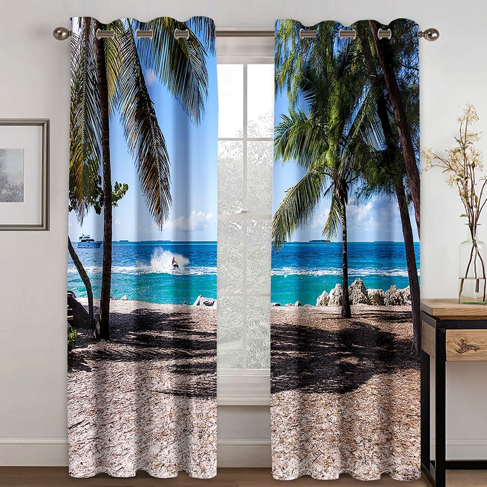 Verdunklungsvorhänge mit Ösen, Gardinen Blickdicht Surfen Meer Strand Landschaft 2er Set H 115 x B 86 cm Abdunkelnde Vorhänge für Wohnzimmer