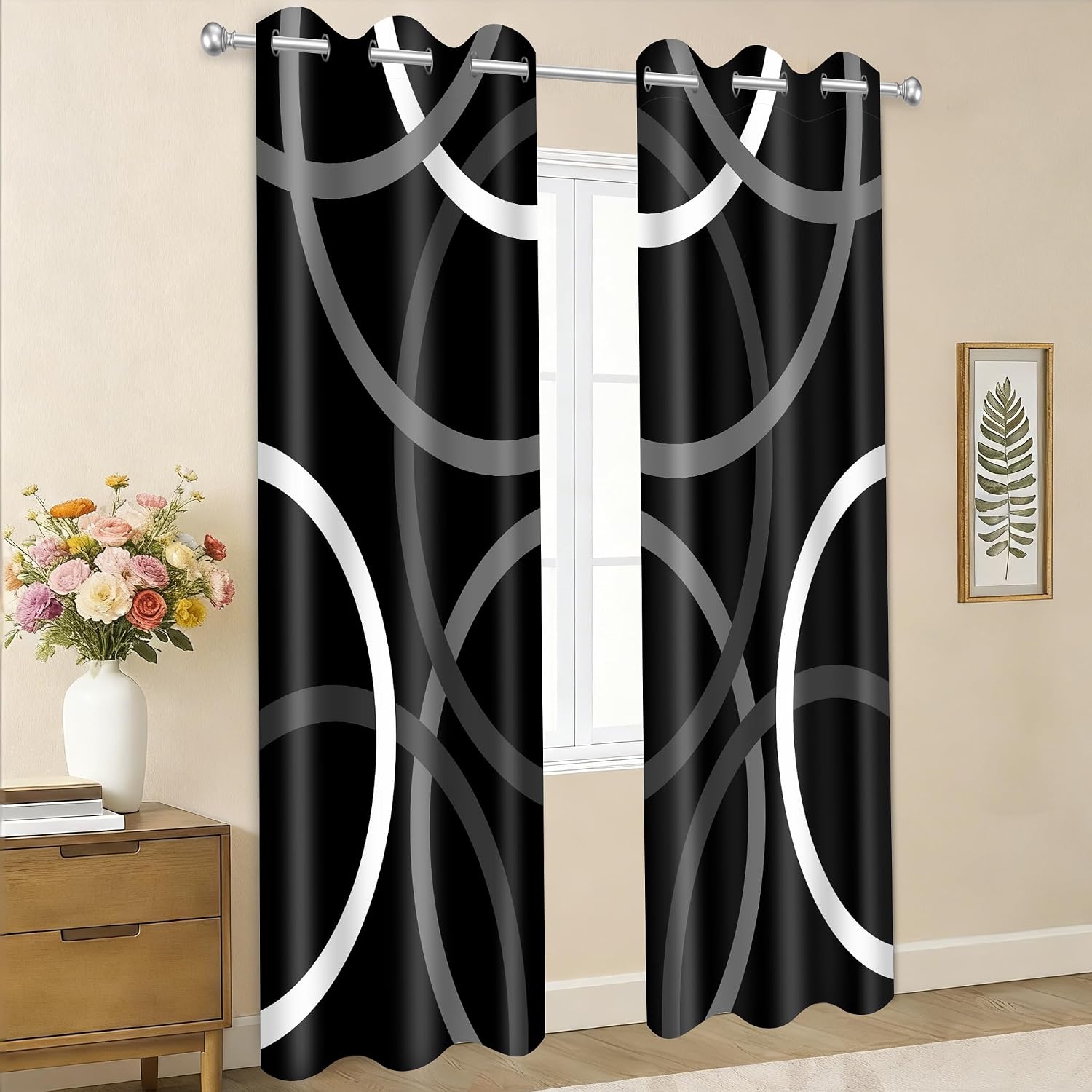 Black and White Geometric Curtains for Bedroom Living Room Modern Black Grey Blackout Curtain Abstract Circle Pattern Window Drapes, 42x84 Inches,2 Panels