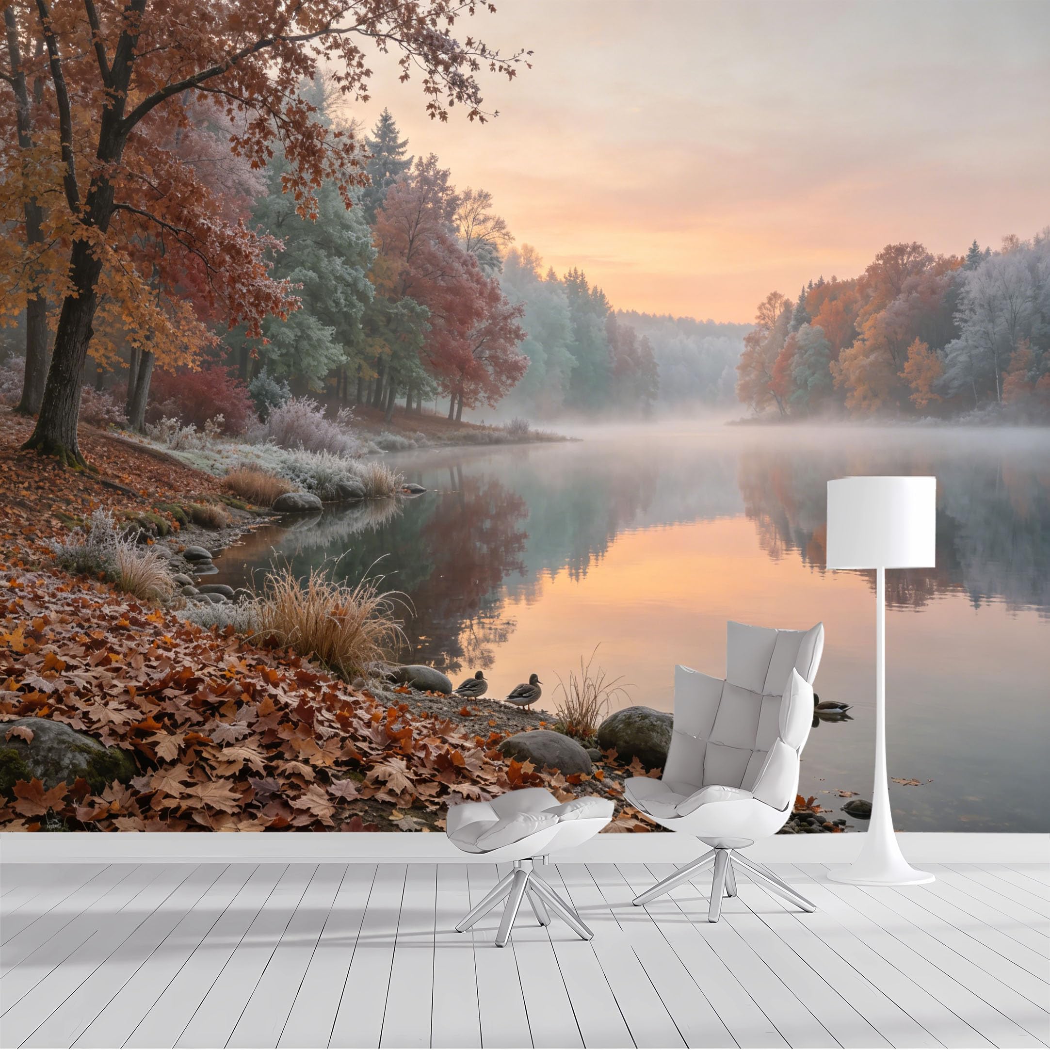 Custom Size Wall Mural Autumn Lakeside Serenity Foggy Landscape Watercolor SelfAdhesive Wall Fabric Removable Peel and Stick Wallpaper Wall Decor for Living Room Bedroom Bathroom