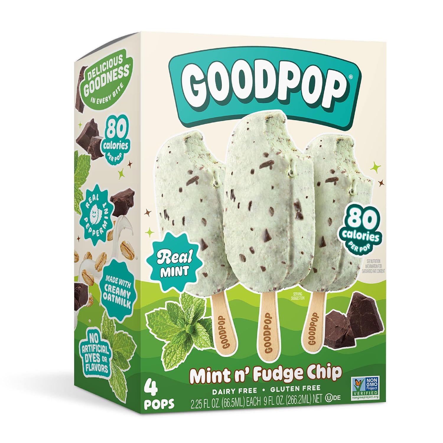 GoodPop Mint 'N Fudge Chip Bars - Dairy-Free Vegan Ice Cream, Gluten-Free Non-GMO, 4 Count