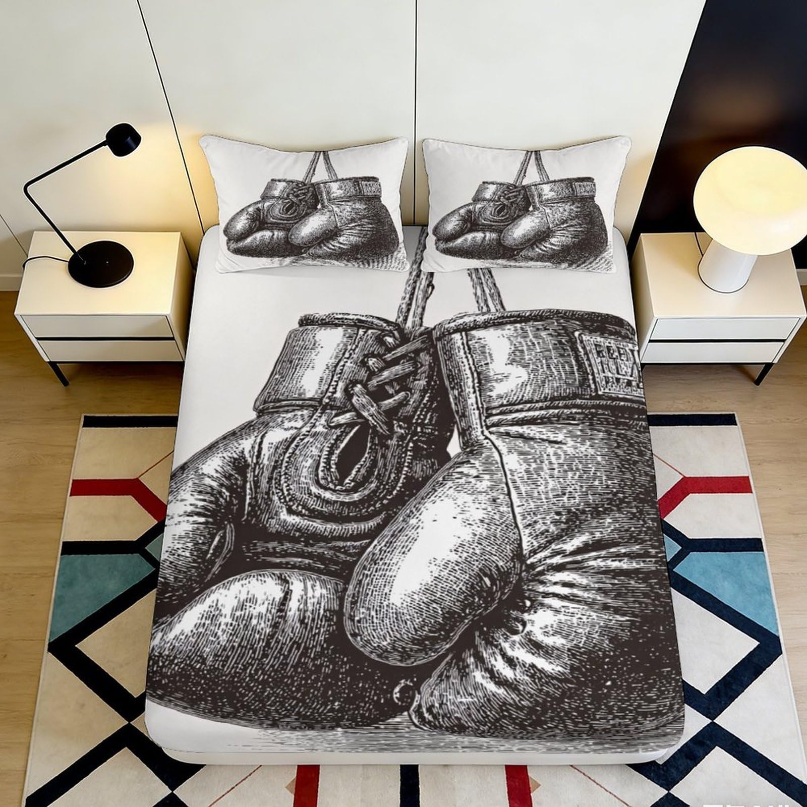 3D Printed Boxing Gloves Fitted Sheet Soft Microfiber Non-Slip Deep Pocket Boxing Mattress Fitted Cover Elastic Hem Bedding for Adults Teens 140x200x25cm