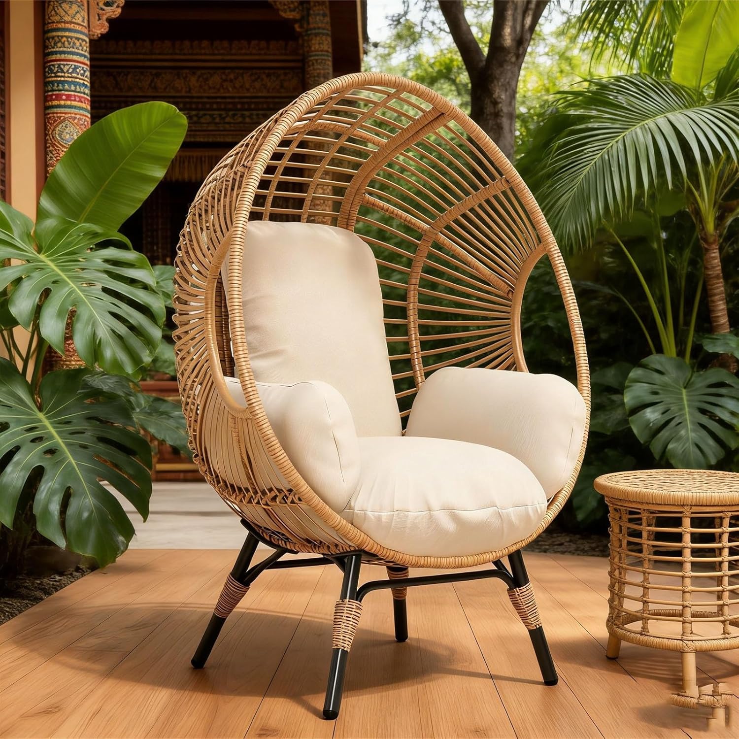 Balcony Chairs Wicker Egg Chair, 400lbs Capacity, Weather-Resistant PE Rattan, Indoor Outdoor(Natural)